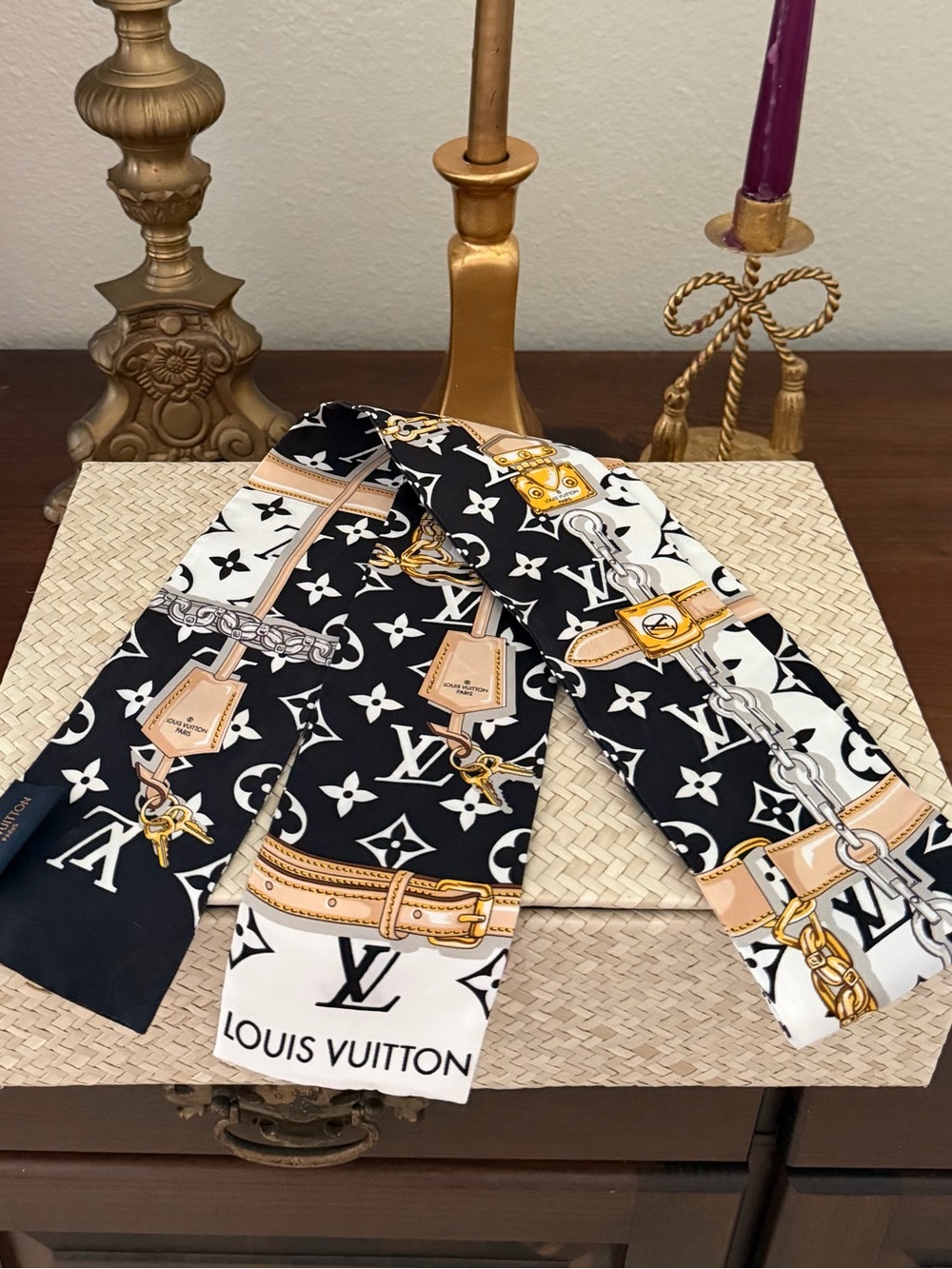 Louis Vuitton Black, White & Gold Monogram Twilly Scarf
